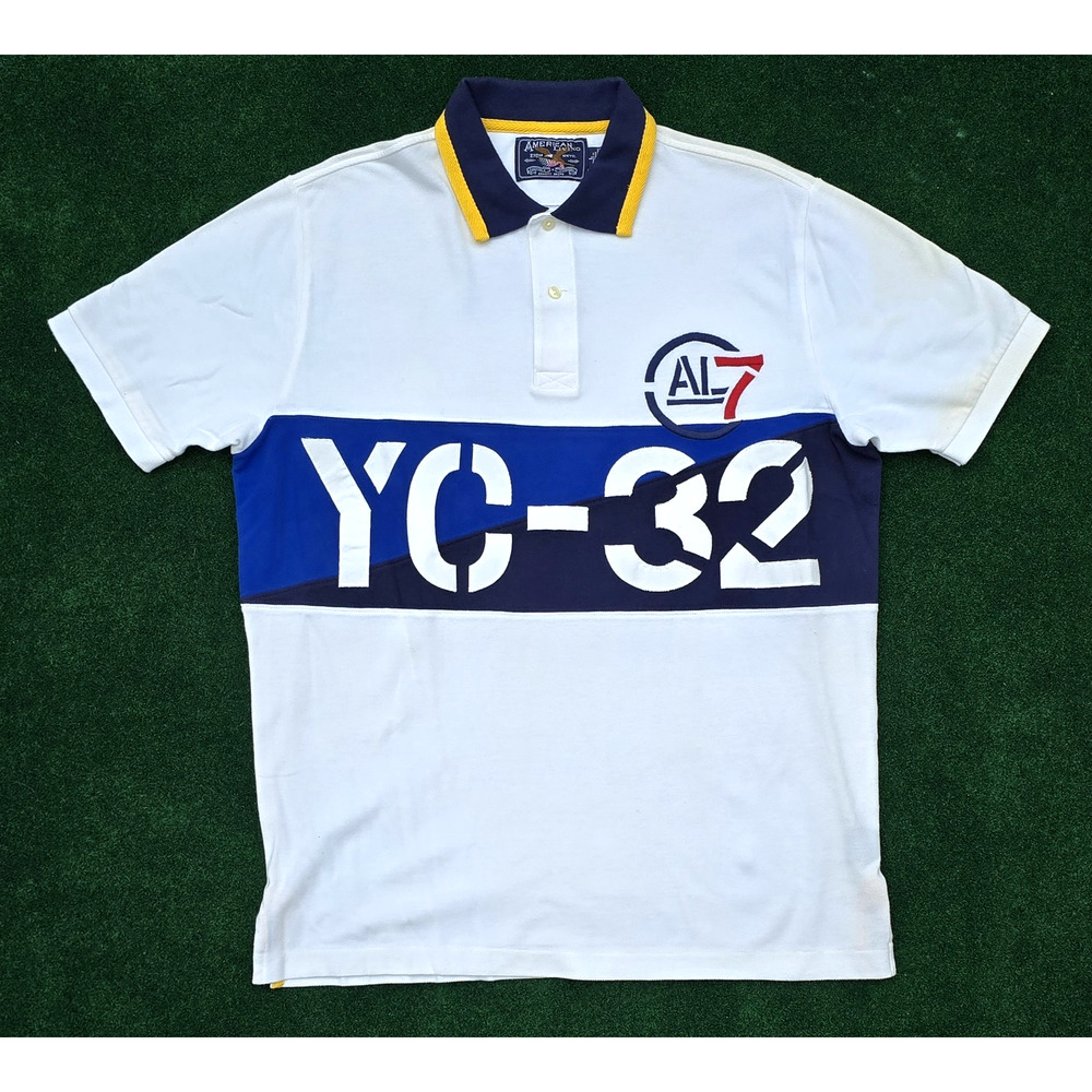 American Living YC-32 Mens White Blue Red Yellow SS Cotton Polo Shirt Size Large